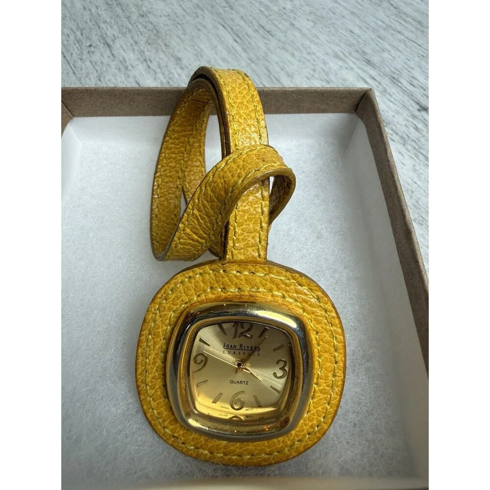 Vintage Joan Rivers Classics Mustard Yellow Leather Bag Charm Watch Square Gold